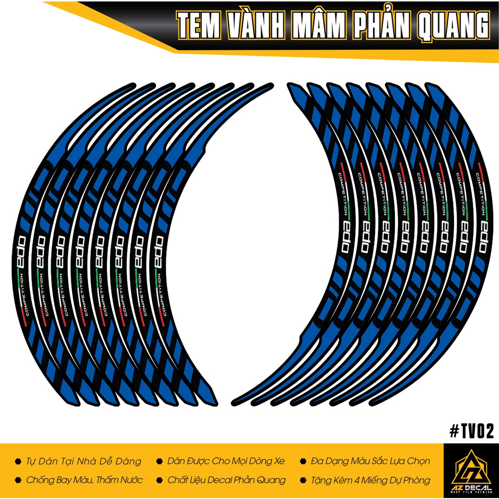 Tem Dán Vành Phản Quang TV02 EDO RACING | Dán Xe Máy, Xe Điện, Xe Thể Thao...Chống Thấm Nước, Chống Bay Màu