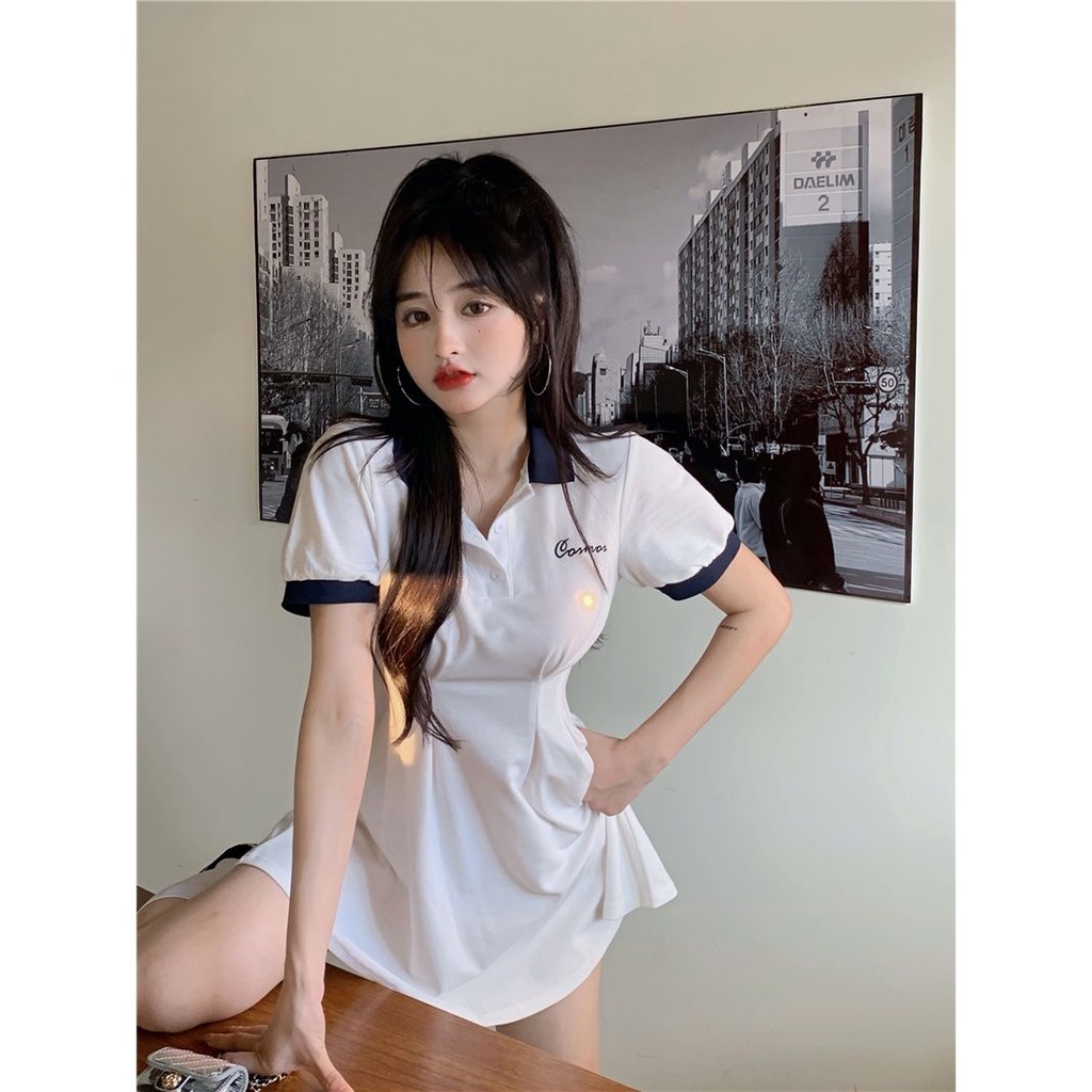 COZOK Đầm tay ngắn cổ bẻ màu trơn thiết kế ôm sát tôn dáng