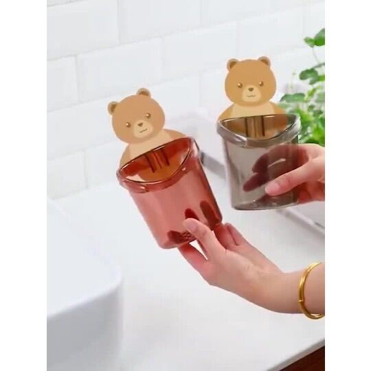 Cốc Gấu Dán Tường Để Bàn Chải Đánh Răng Hình Gấu Có Lỗ Thoát Nước Tiện Lợi