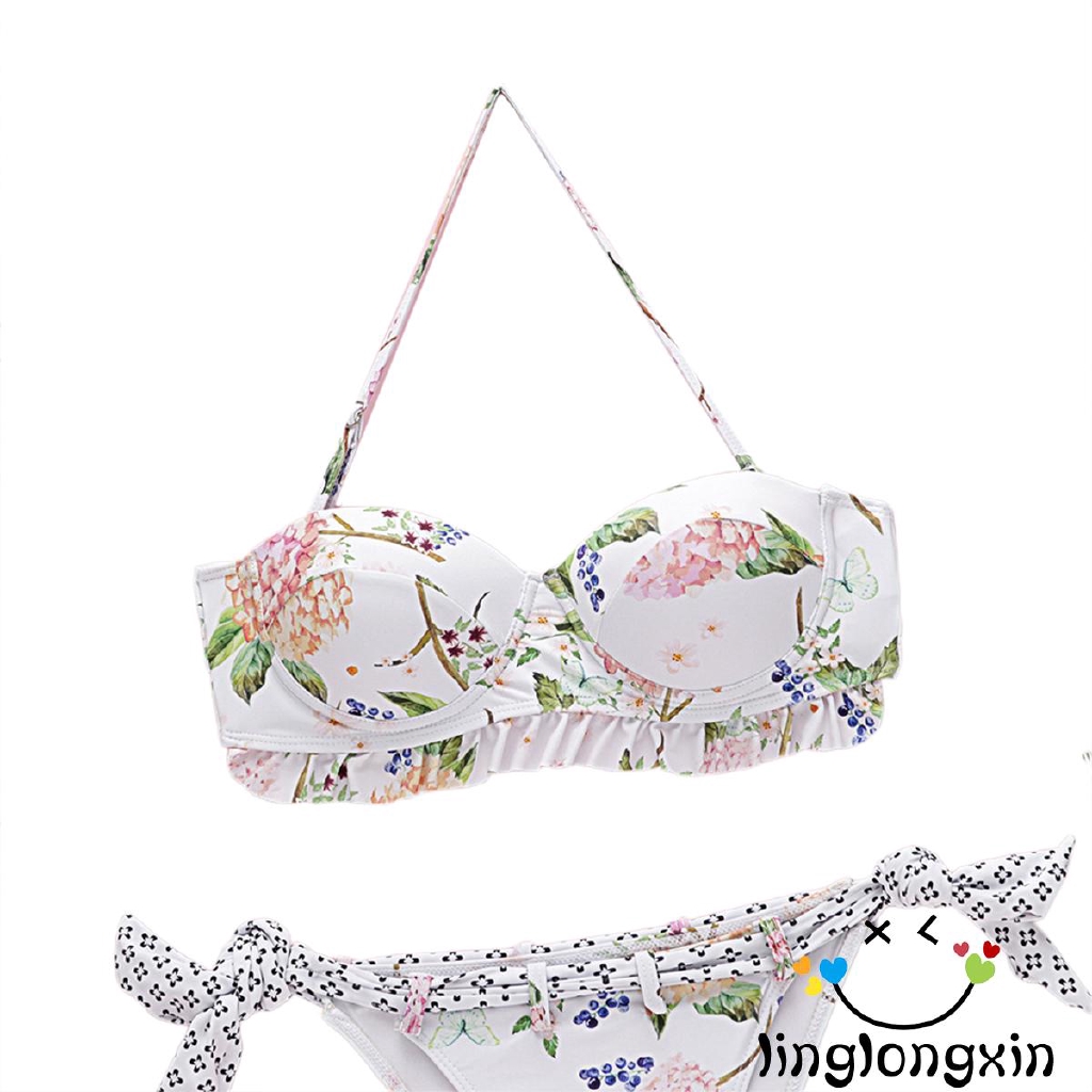 ❥A-❥-Women Floral Print Swimsuit Strap Top Thong Bikini Set | BigBuy360 - bigbuy360.vn