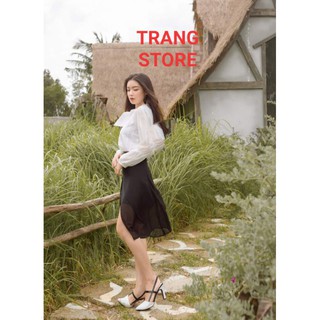 Chân váy midi xẻ tà phối voan