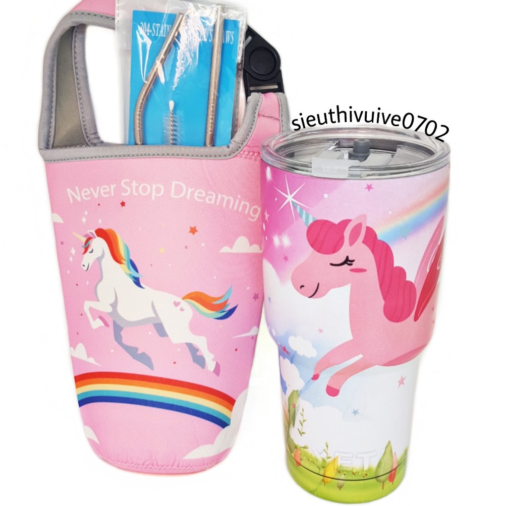 BỘ LY GIỮ NHIỆT NGỰA UNICORN_PONY HỒNG NHÁM 900ML