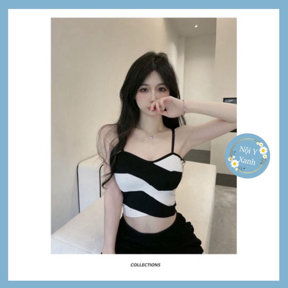 Áo Bra Nữ 2 Dây Mảnh Kẻ Sọc Dáng Lửng Có Đệm Ngực Trend Mới 1887 Nội Y Xanh chất thoáng mát cao cấp