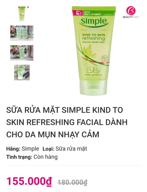 Sữa rửa mặt Simple Refreshing Facial Wash Gel cho Da Nhạy Cảm 150ml
