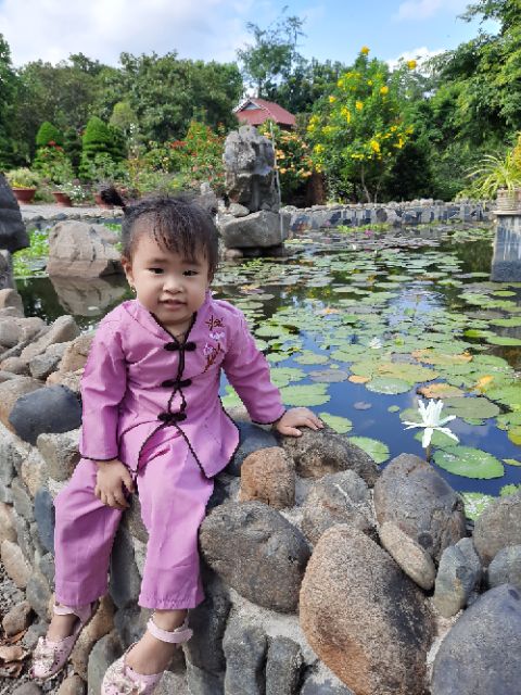 Đồ lam, đồ đi chùa, quần áo phật tử trẻ em 8-35kg. Bộ xẩm kate bé gái