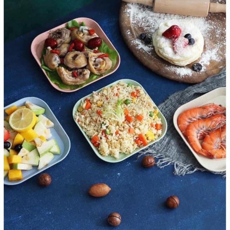 Đĩa lúa mạch vuông tròn sâu lòng size to set 8 đĩa lúa mạch đựng hoa quả trái cây cao cấp MSF455