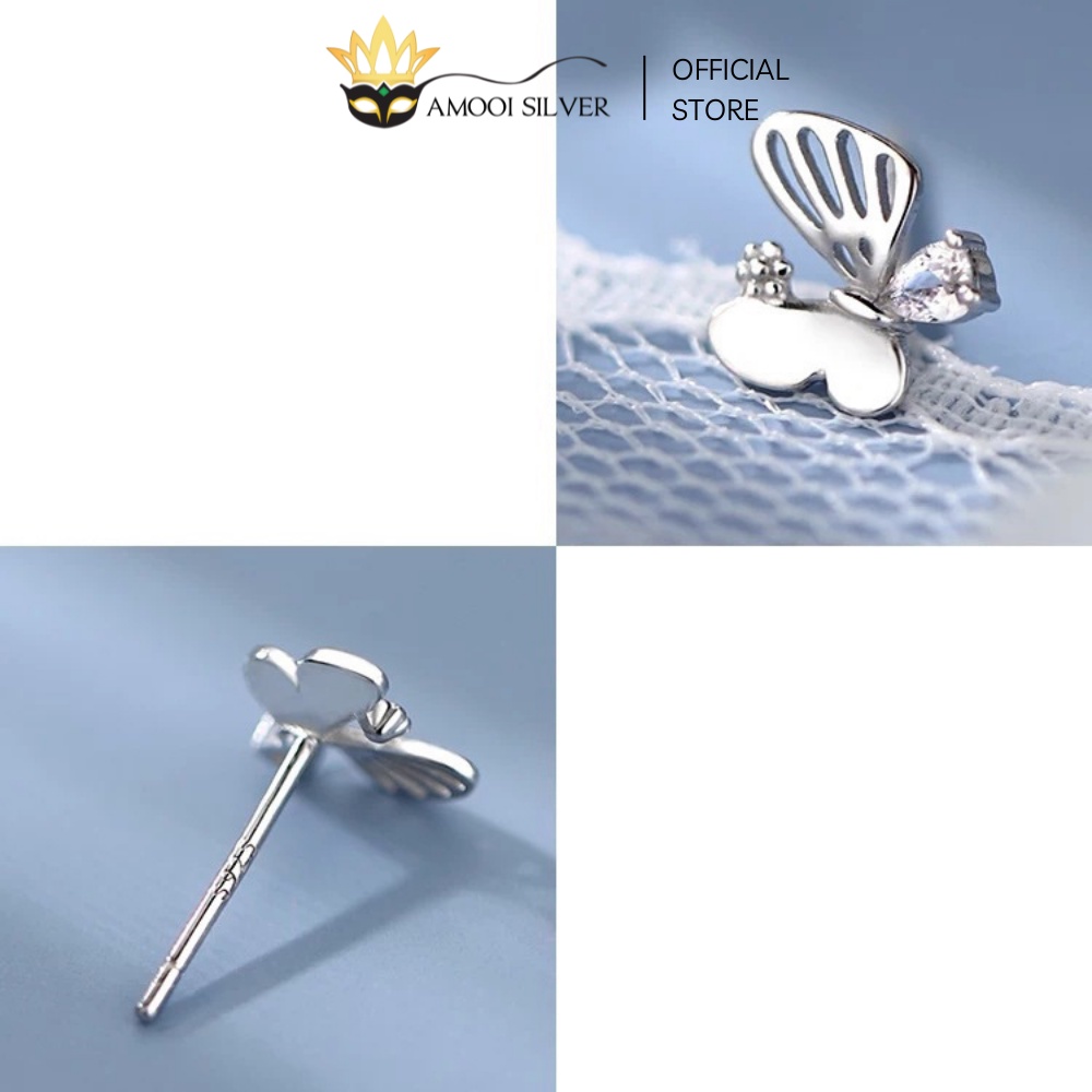 Bông Tai Bạc S925 Cánh Bướm Bất Đối Xứng Đính Đá Sang Trọng - Amooi Silver AB219