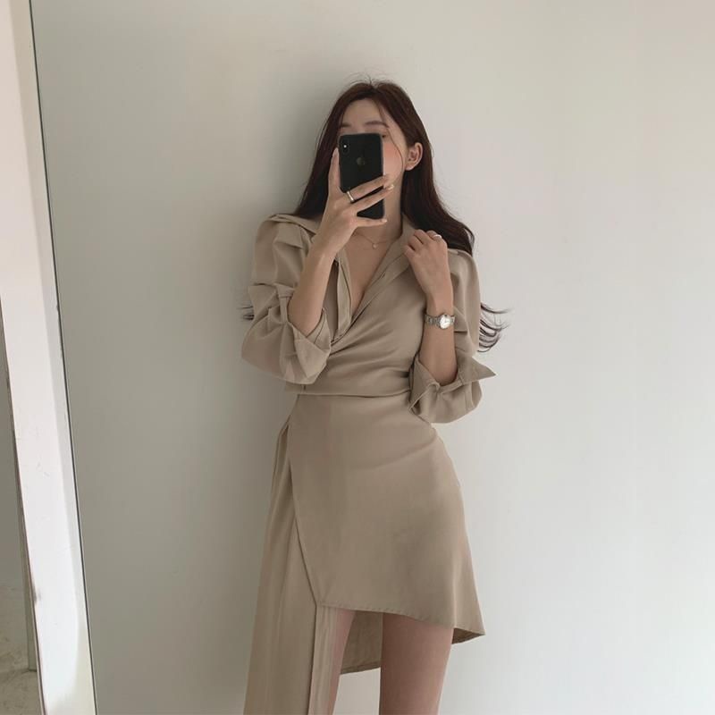 Đầm Sơ Mi Dáng Ôm Che Bụng Kiểu Pháp Thời Trang Xuân Thu Cho Nữ