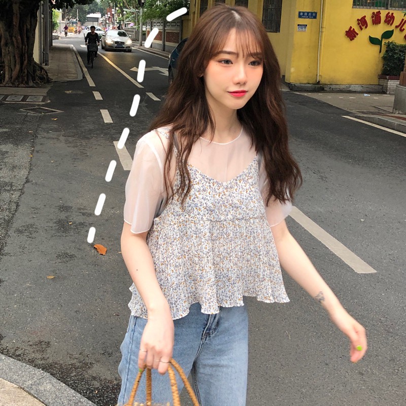 Áo chiffon in họa tiết hoa hai lớp phong cách Hàn Quốc xinh xắn