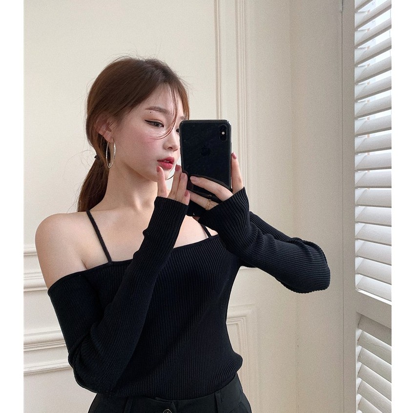 QADCOL Áo dệt kim dáng ngắn kiểu trễ vai quyến rũ dành cho nữ