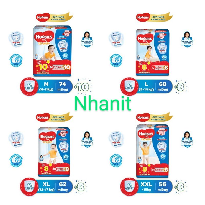 Tã quần Huggies M74 L68 XL62 XXL56 tặng bên trong 8 miếng