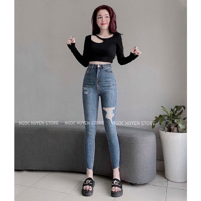 Quần jeans bó dãn cạp siêu cao kèm ảnh thật