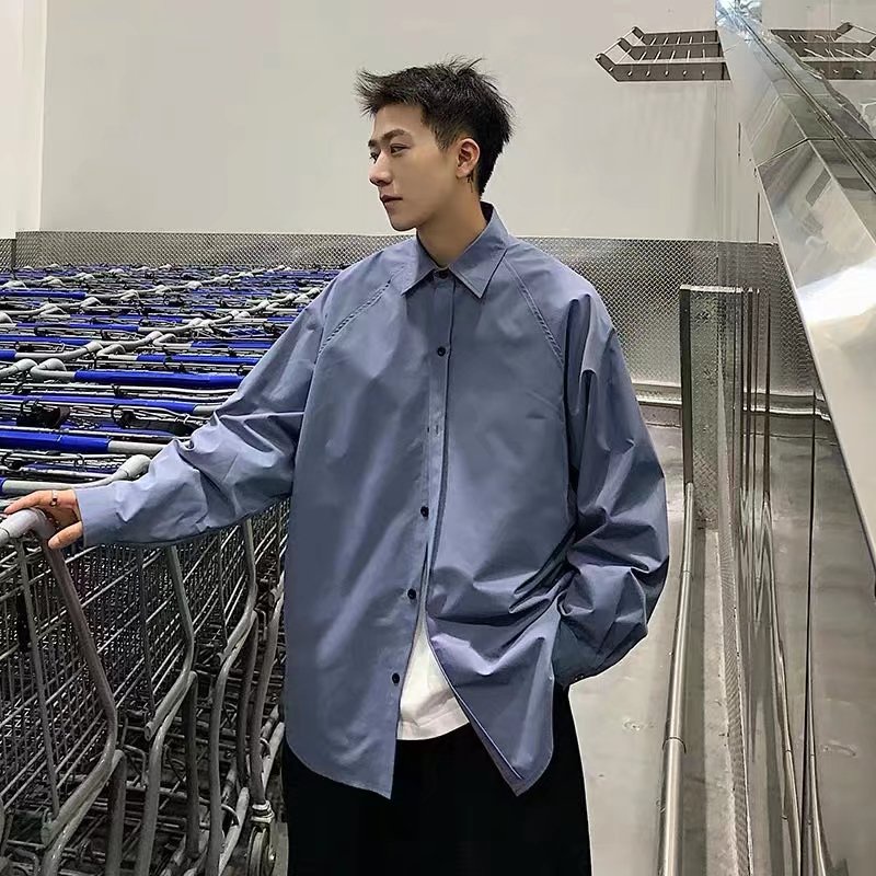 Áo Sơ Mi Trơn Tay Dài Dáng Rộng Thoáng Khí Phong Cách Hip Hop Đường Phố Hàn Quốc Cho Nam