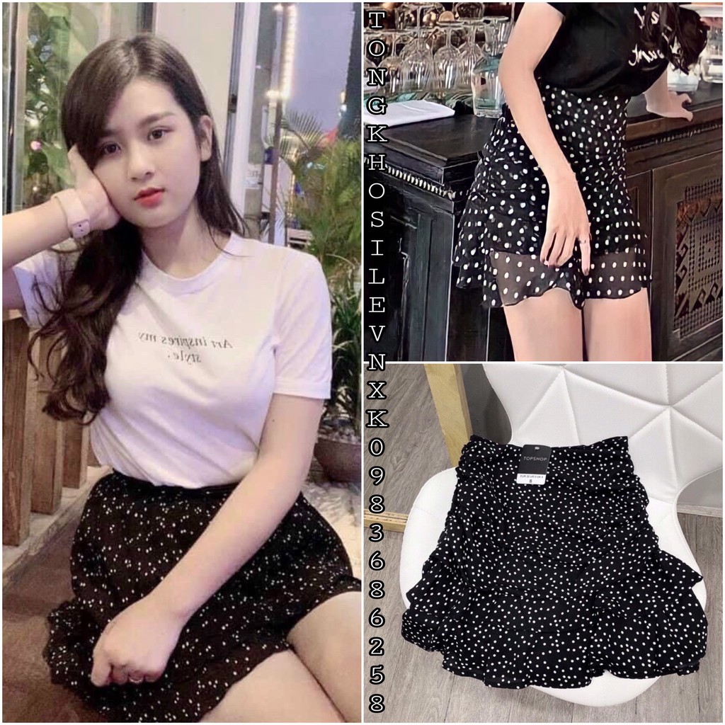 (Size S &lt;48kg) CHÂN VÁY CHẤM BI A NHÚN TẦNG cho Nữ - Chân váy ngắn chấm bi màu đen