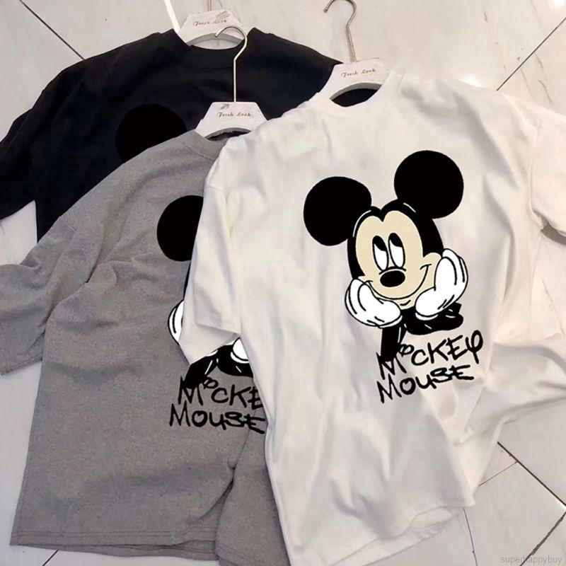 Áo thun dáng dài tay ngắn dáng rộng in họa tiết chuột mickey hoạt hình phong cách Hàn Quốc harajuku dành cho nữ