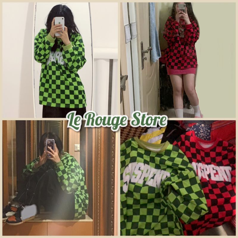 Áo sweater nỉ da cá in chữ trắng Suspend họa tiết kẻ caro trendy đỏ và xanh lá ulzzang style
