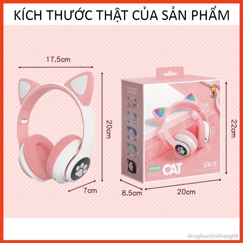 Tai Nghe Mèo Bluetooth Chụp Tai ,Tai Mèo Dễ Thương Có Mic, Âm Bass Mạnh Mẽ Bảo Hành 1 Năm