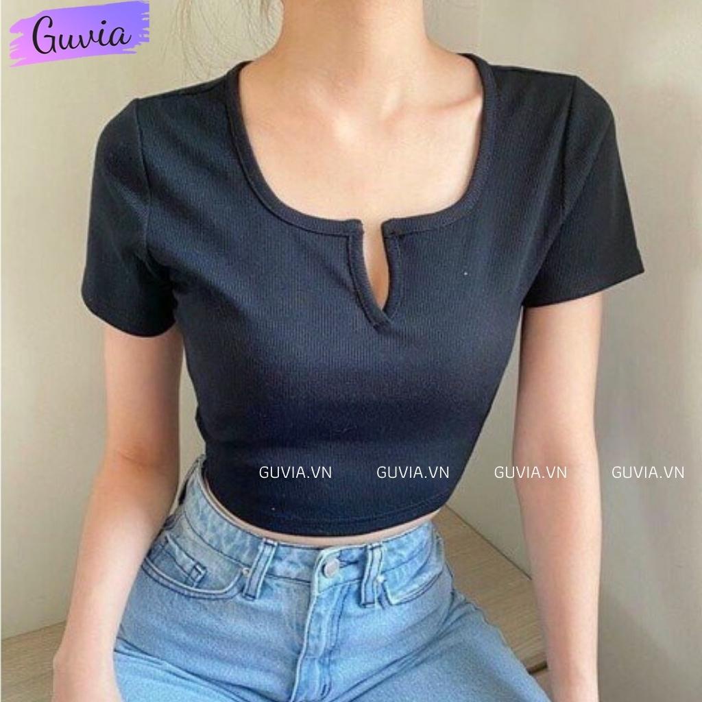 Áo Croptop cổ khoét chữ V Phong Cách, Áo kiểu nữ tay ngắn chất vải tốt mặc đẹp GUVIA