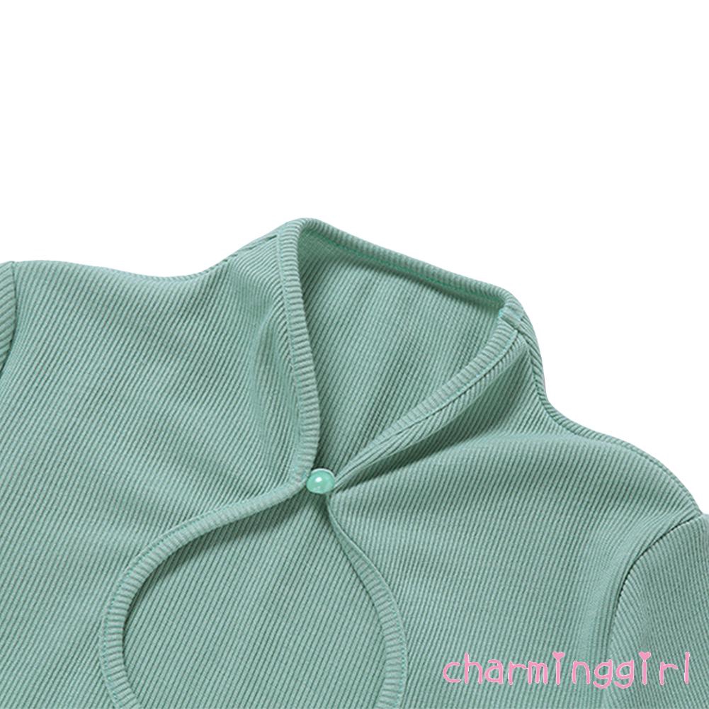 Áo thun lửng ngắn tay một nút áo tròn cổ khoét rỗng phong cách mùa hè dành cho nữ