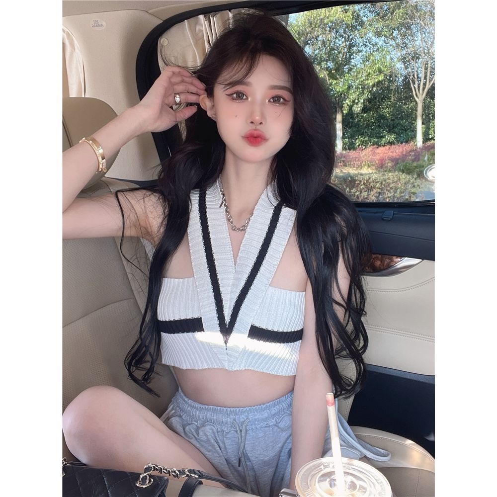 Áo Croptop Dệt Kim Cổ Chữ V Kẻ Sọc Caro Phong Cách Âu Mỹ Quyến Rũ Cho Nữ