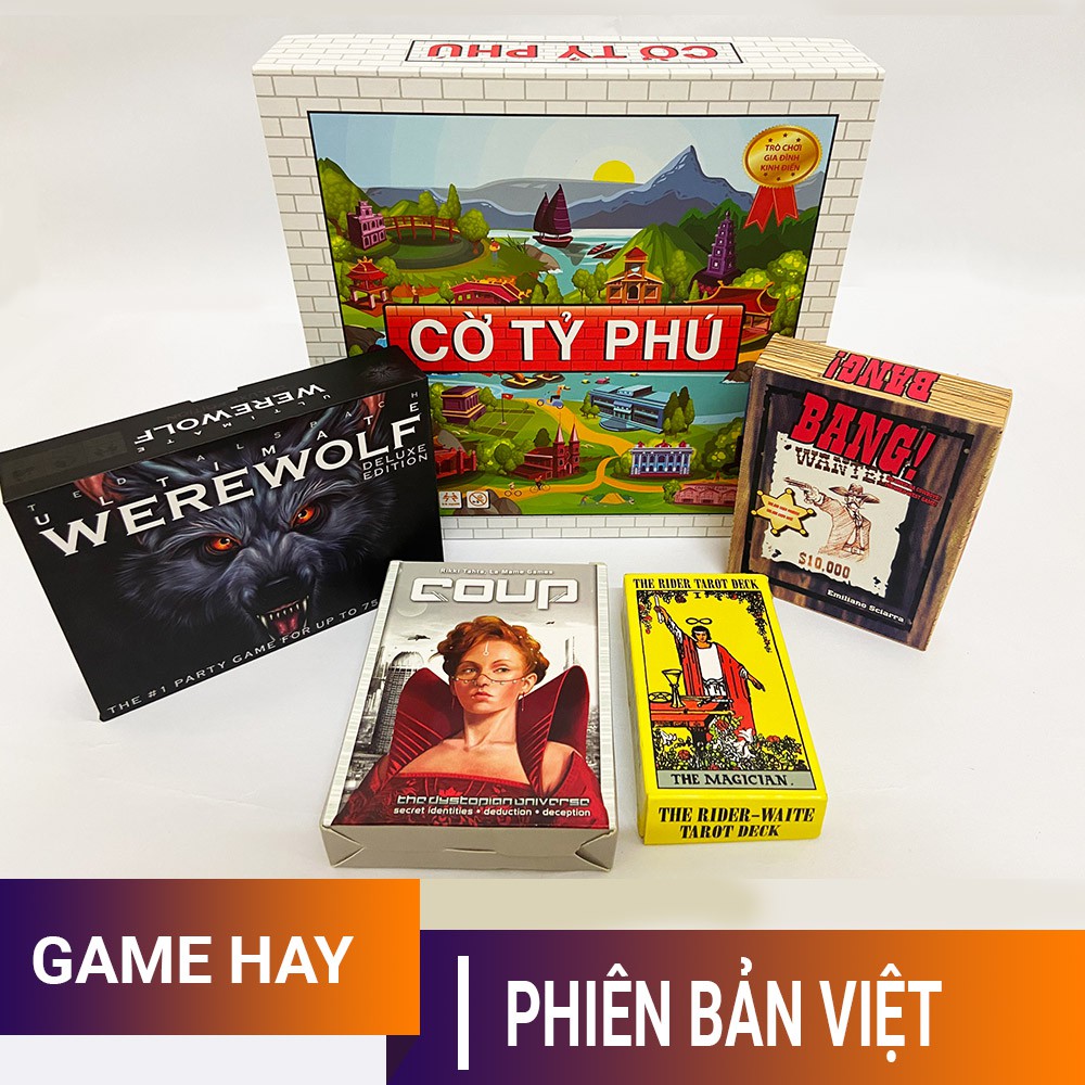 [COMBO 5 IN 1] Bộ đồ chơi trí tuệ Cờ tỷ phú + Bài Ma sói + Bài Bang + Bài Coup + Bài Tarot phiên bản tiếng Việt