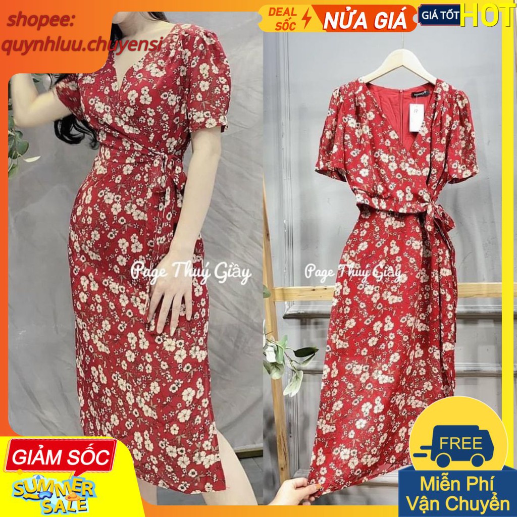 VN58 - VÁY HOA ĐỎ XANH BUỘC EO XẺ NỮ