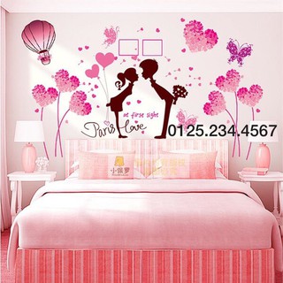 Decal dán tường combo 2 hoa trái tim hồng + paris love Siêu xinh