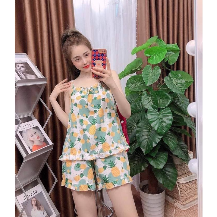 Bộ đồ ngủ lụa 2 dây họa tiết dễ thương, thoáng mát không nhăn, không xù - Rimi Shop