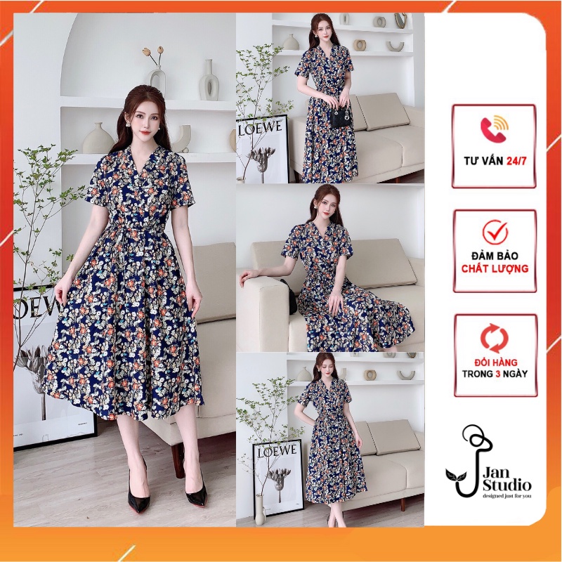 VÁY HOA ĐEN CỔ V SIÊU THANH LỊCH V143