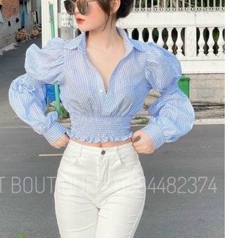 Áo sơ mi caro nhún eo Quảng Châu cổ V tay dài