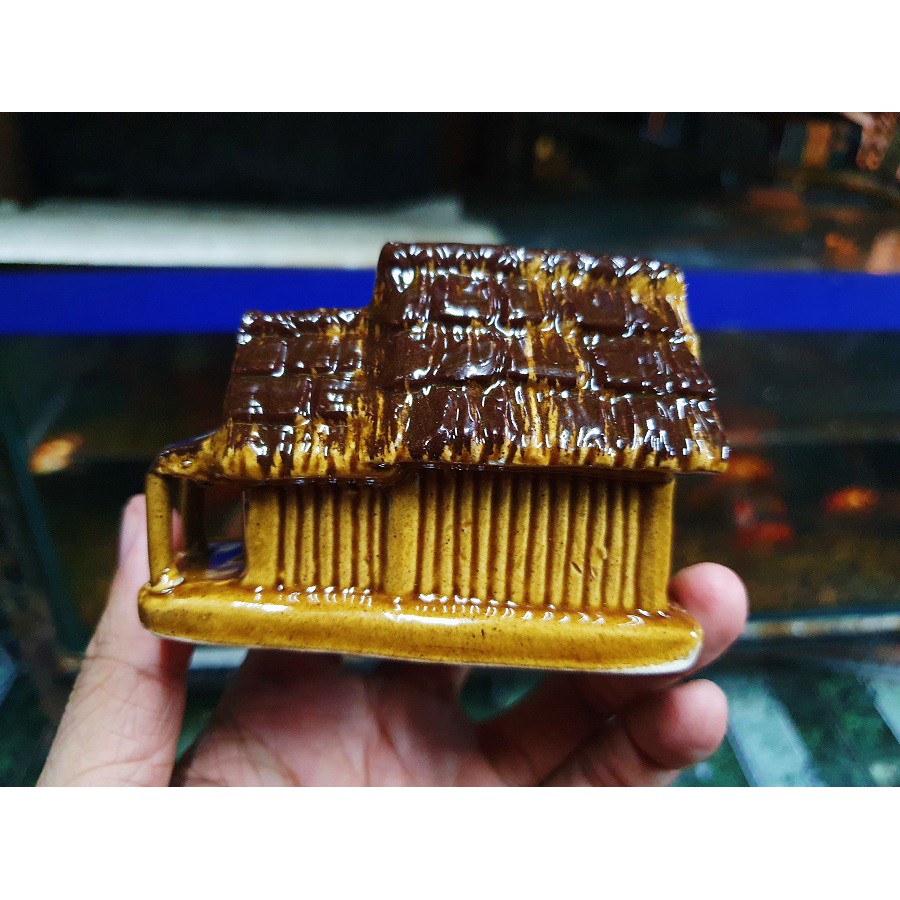 NHÀ LÁ TRÁNG MEN TRANG TRÍ HỒ CÁ NON BỘ 8x6x8cm