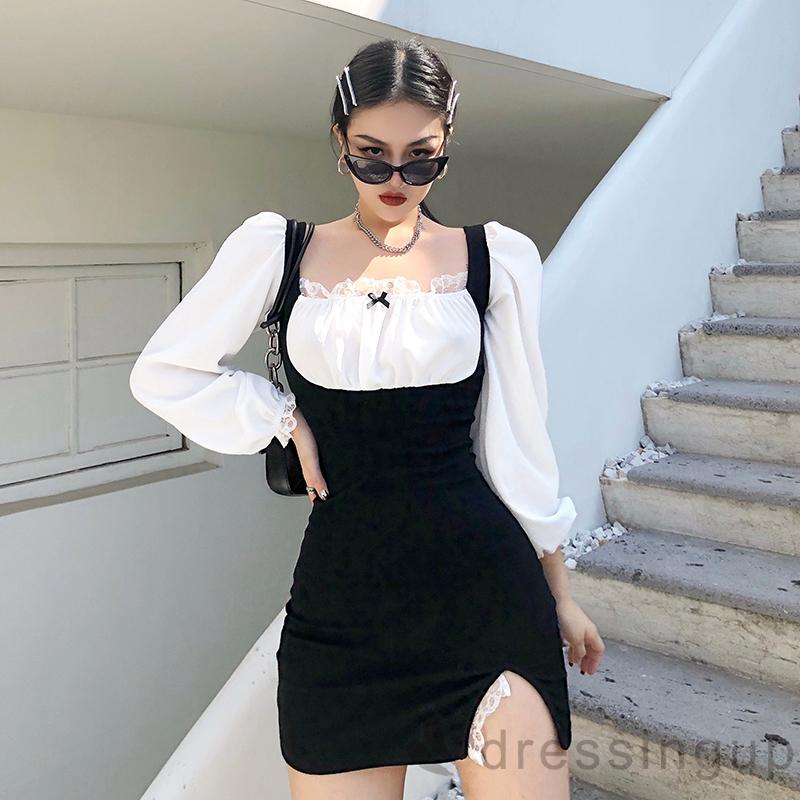 Đầm Ôm Cổ Vuông Tay Phồng Thiết Kế Thanh Lịch Cho Nữ