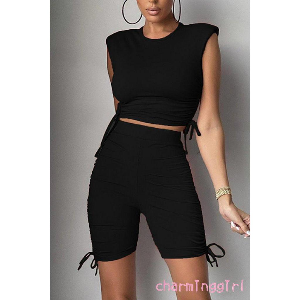 Set Áo Lửng Sát Nách Và Quần Short Lưng Cao Thời Trang Dành Cho Nữ