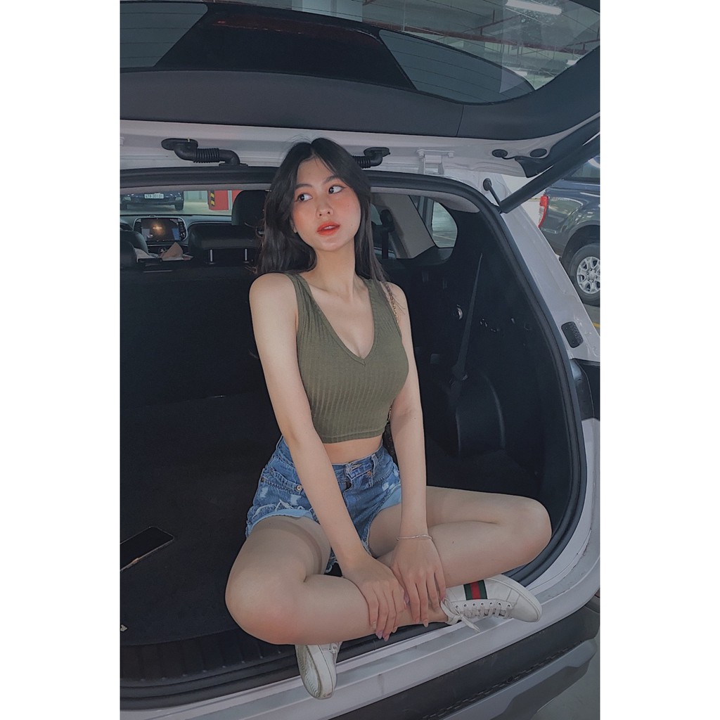 Áo croptop nữ HHVINTAGE kiểu ba lỗ cổ tim co dãn Top A40
