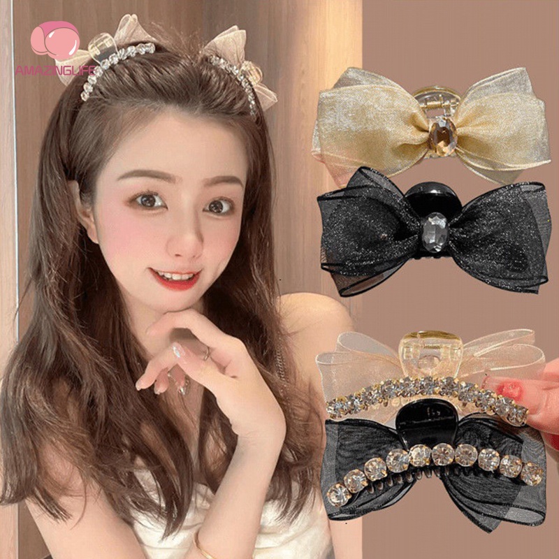 Kẹp Tóc Nơ Ruy Băng Đính Đá Thanh Lịch / Kẹp Tóc Lưới Hai Mặt Cá Mập / Kẹp Tóc Một Đường Khí Chất