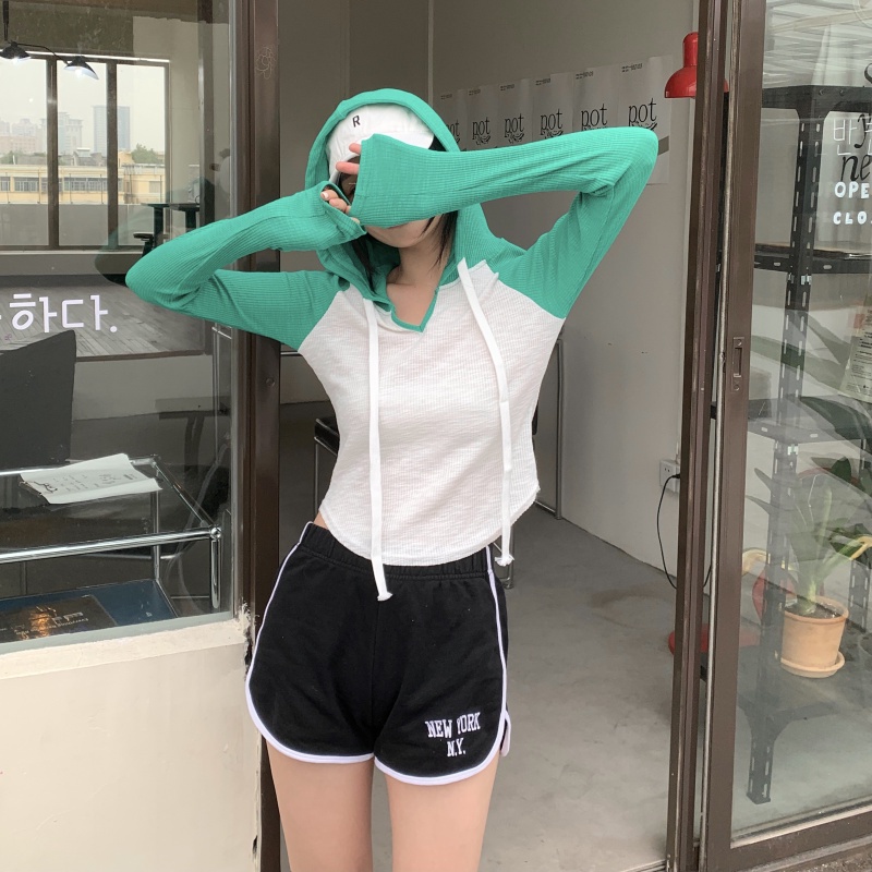 Áo Thun Tay Dài Có Mũ Phối Màu Tương Phản Thời Trang Mùa Hè Dễ Phối Đồ Cho Nữ