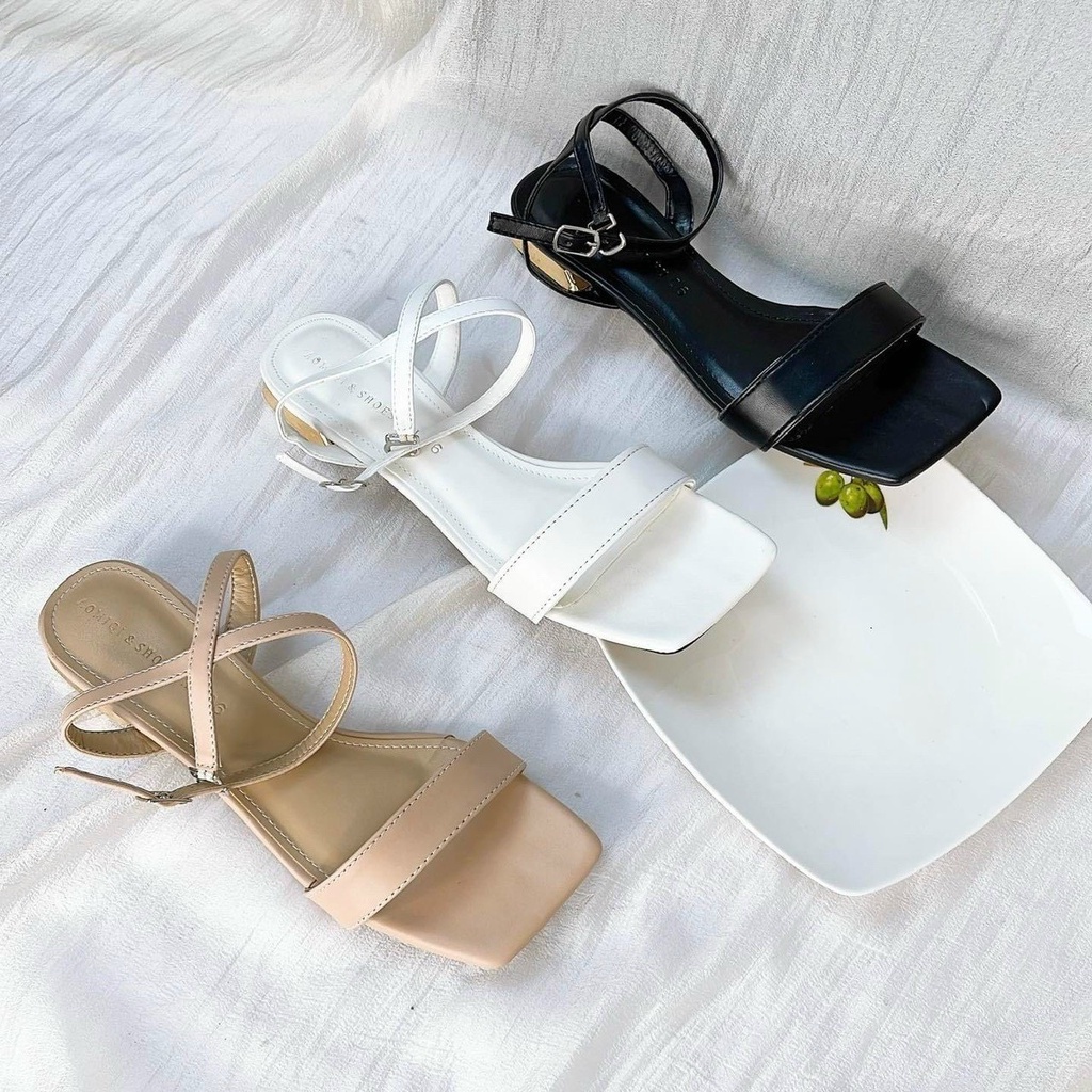 Sandal da bóng và da mịn trơn dây mảnh ngang gót mạ - 2P