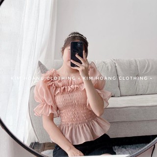 Áo trễ vai croptop bánh bèo sexy kiểu tay bồng bèo nhún (Tơ 4 màu)