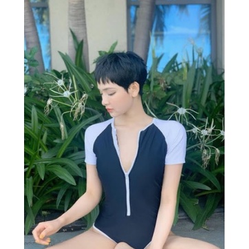 Bikini đồ bơi nữ Bodysuit khóa kéo tay ngắn đen phối trắng Hiền Hồ VATIXA BKN93