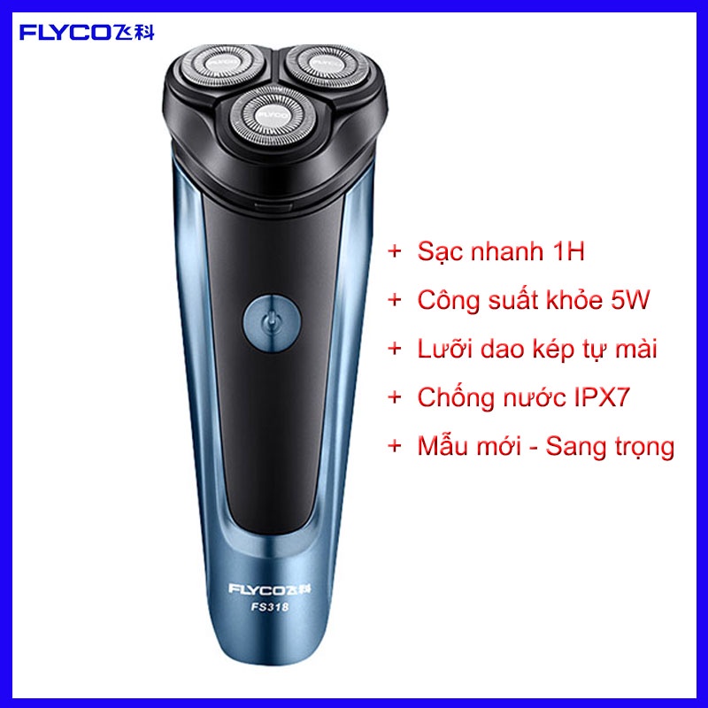 Máy cạo râu Flyco Fs318 ba lưỡi kép có kháng nước sạc điện nhanh BH 12 tháng