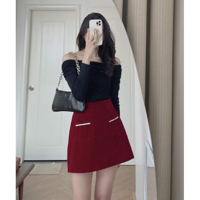 Set chân váy nhung kèm áo thun trễ vai dài tay