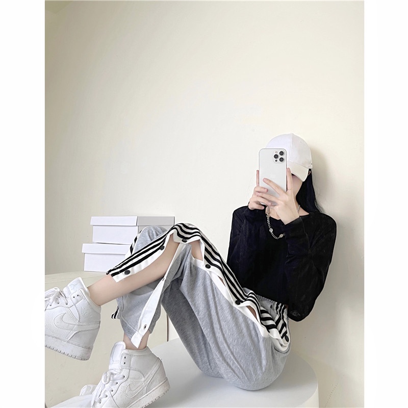 SUXI Quần thể thao ống rộng thiết kế nút phong cách Hàn Quốc thời trang mùa hè cho nữ