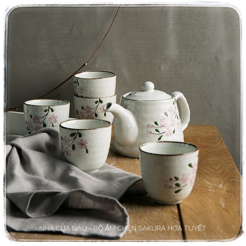 Bộ ấm chén bình trà sứ cao cấp Men tuyết hoạ tiết hoa Sakura hồng; thưởng trà hoặc làm quà tặng - Sản Phẩm chính hãng