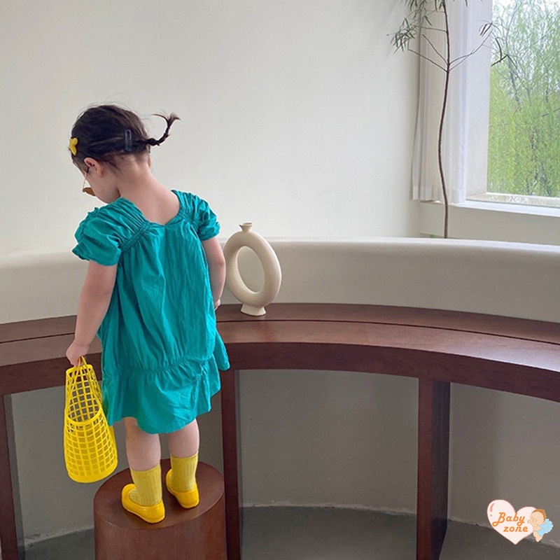 Đầm Công Chúa Mùa Hè Không Tay Cổ Vuông Màu Trơn Cho Bé Gái 3-8 Tuổi