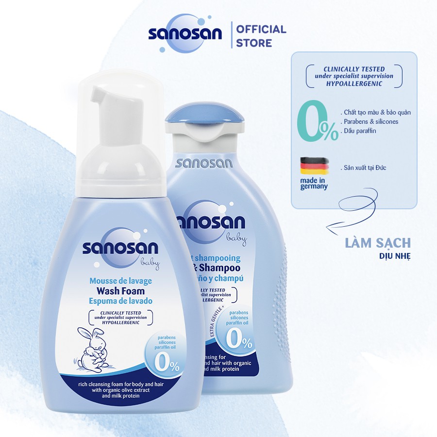 (Mã SANO25K73 giảm 25k) Combo Sữa tắm tạo bọt 250ml &amp; Sữa tắm gội dịu nhẹ 200ml Sanosan chiết xuất Olive hữu cơ