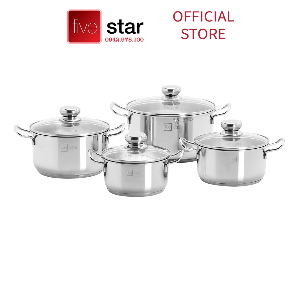 Bộ nồi 3 đáy inox 430 FiveStar Standard 4 món nắp kính FS08CG( tặng 2 muỗng canh)