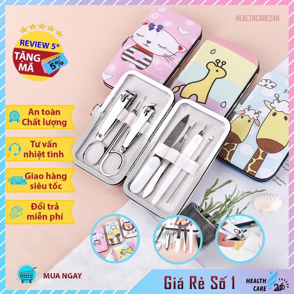 Bộ bấm móng tay 7 món thép không gỉ Healthcare24h I003 hộp đựng hình ngộ nghĩnh