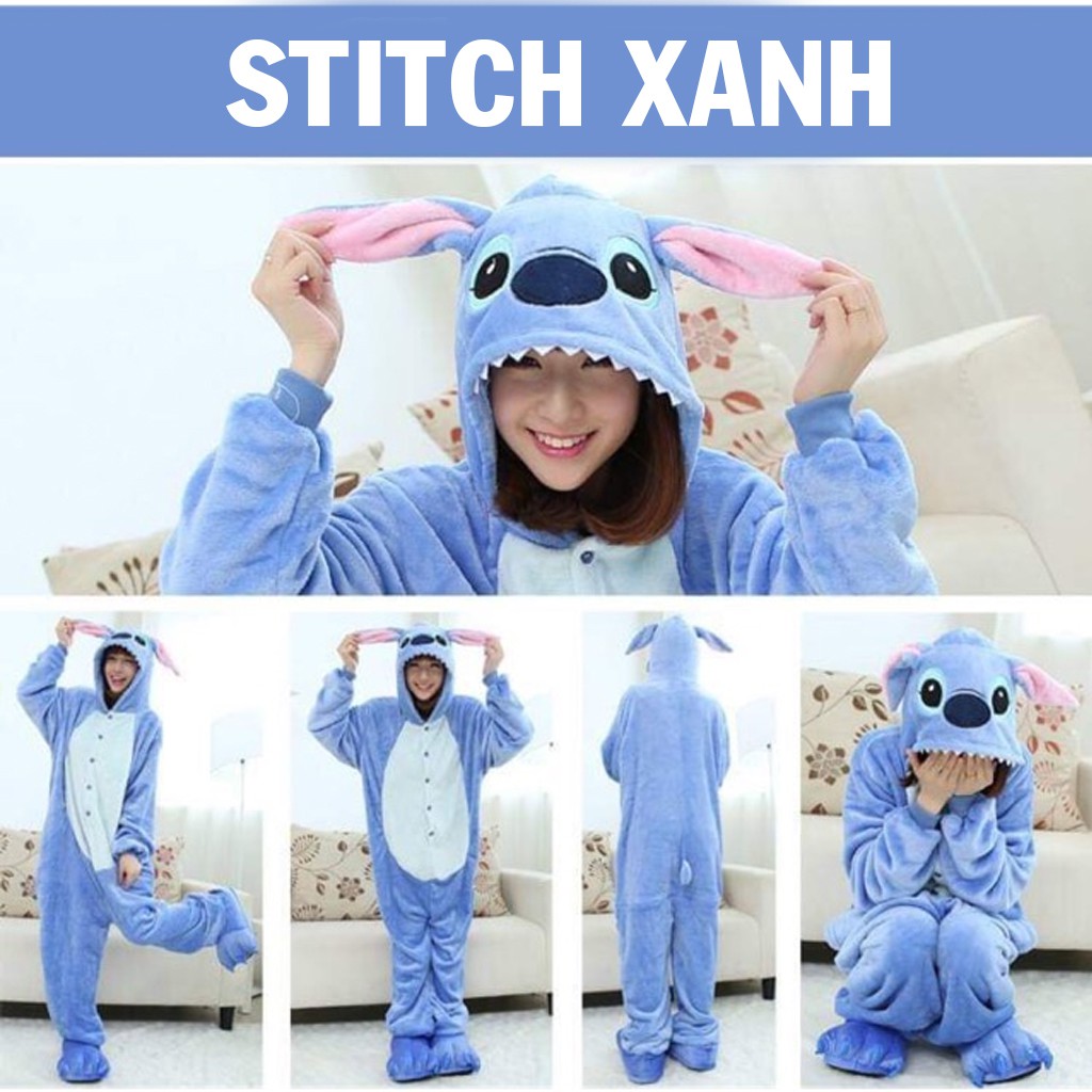 Bộ Đồ Thú Stitch Xanh, Hồng - Chất Nhung Mịn Cao Cấp [FREESHIP]