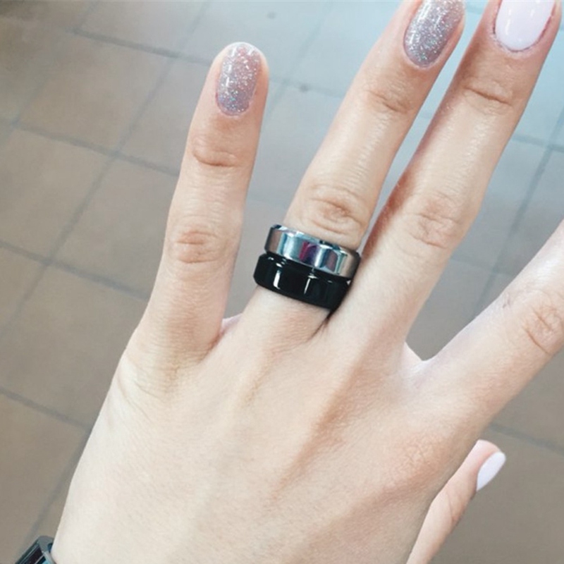 Nhẫn bản to dẹt cạnh vát bằng thép không gỉ phủ IP màu đen cho nam và nữ