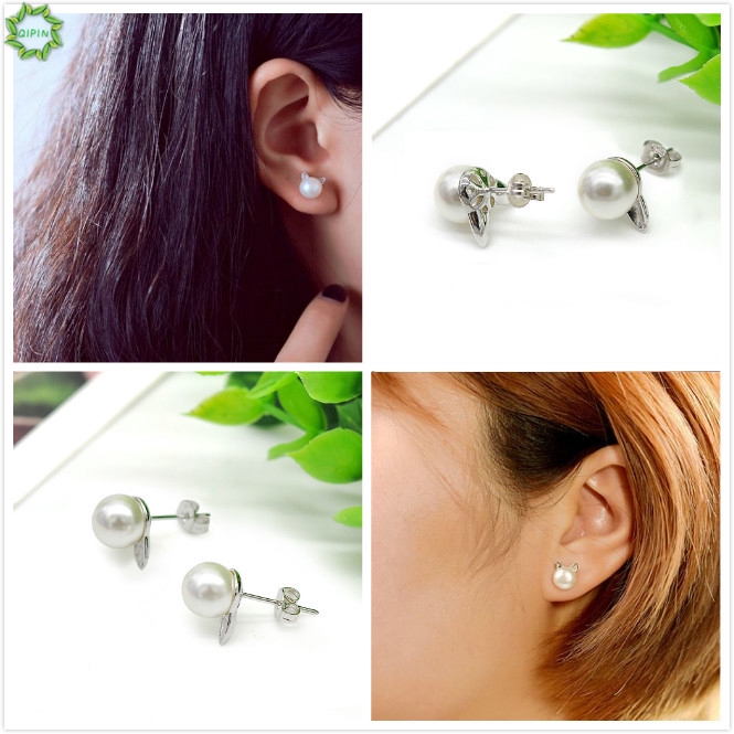 Bông Tai Hình Mèo Đính Ngọc Trai Đơn Giản Phong Cách Hàn Quốc